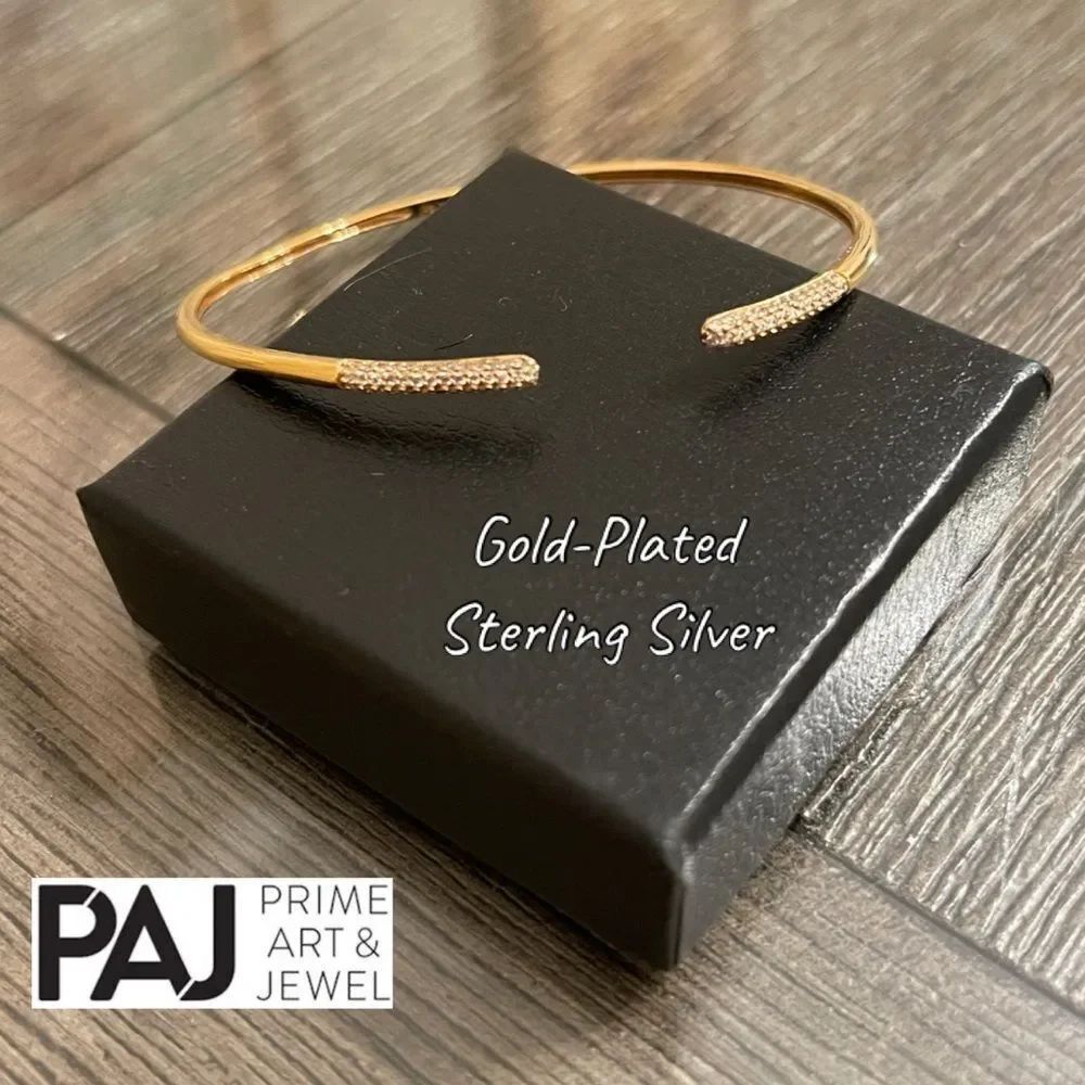 PAJ Slim Open Cuff Bangle, Gold Clad 925 Bracelet with Crystal Accents